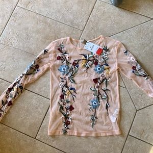 Zara peach mesh see thru top with embroidery